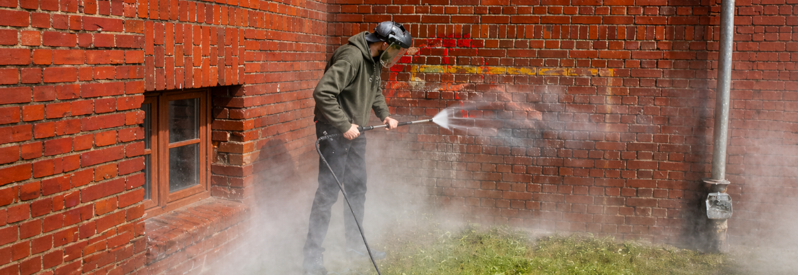Usuwanie graffiti Olsztyn, Na zdjęciu pracownik firmy Proxclean zmywa graffiti z klinkieru